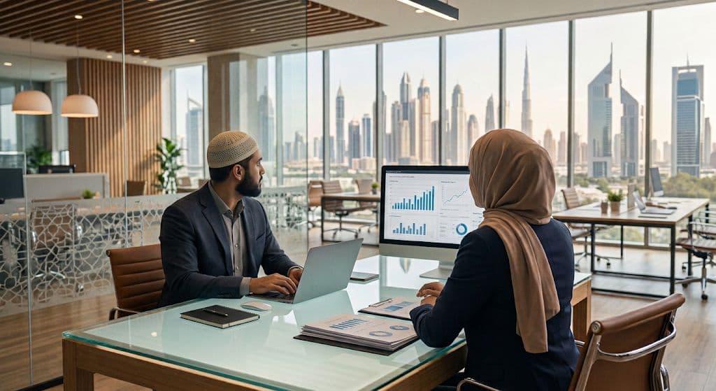 Two professionals reviewing hiring analytics in a modern office